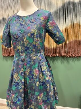 GAP Dark Blue Floral Midi Dress with Green, Yellow & Pink Accents